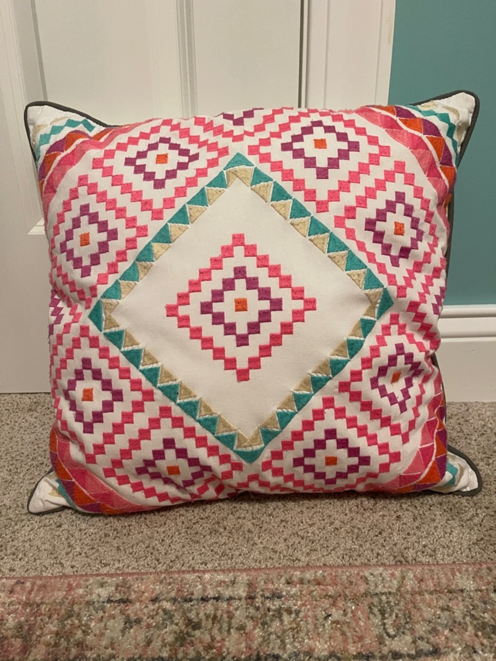 Pottery Barn Teen White Embroidered Pillow with Pink, Teal & Gold Accents